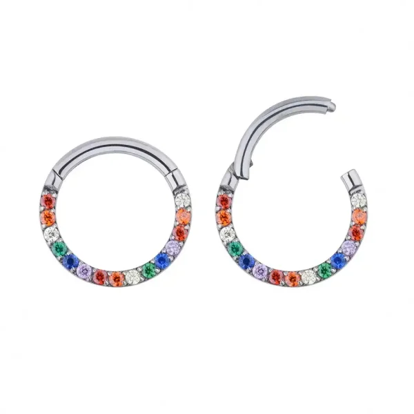 Titanium ASTM F136 Implant Grade Rainbow CZ Hinged Segment Nose Ring Clickers Wholesale