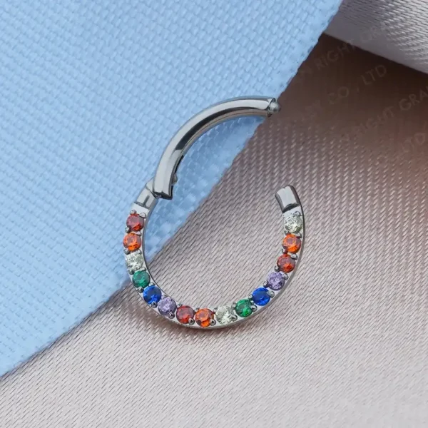 Titanium ASTM F136 Implant Grade Rainbow CZ Hinged Segment Nose Ring Clickers Wholesale - Image 2