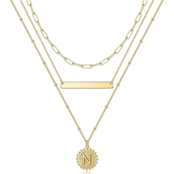 14K Women's Paperclip Chain Layered Necklaces with Coin Initial Pendant