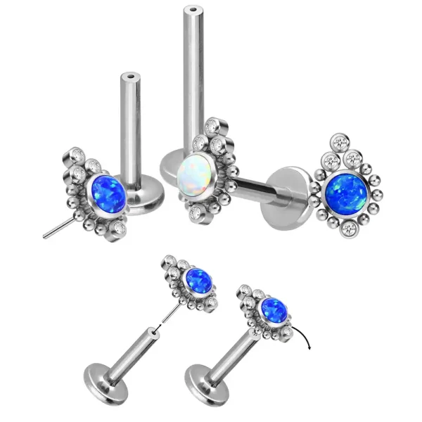 18g Beaded Blue Opalite and Clear Cz Threadless Titanium Push in Labret