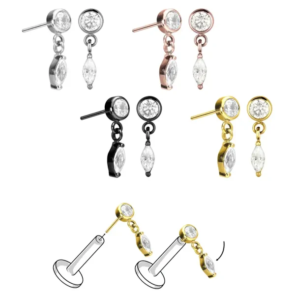 Gold PVD Dangle Marquise Clear CZ Threadless Titanium Jewelry Top