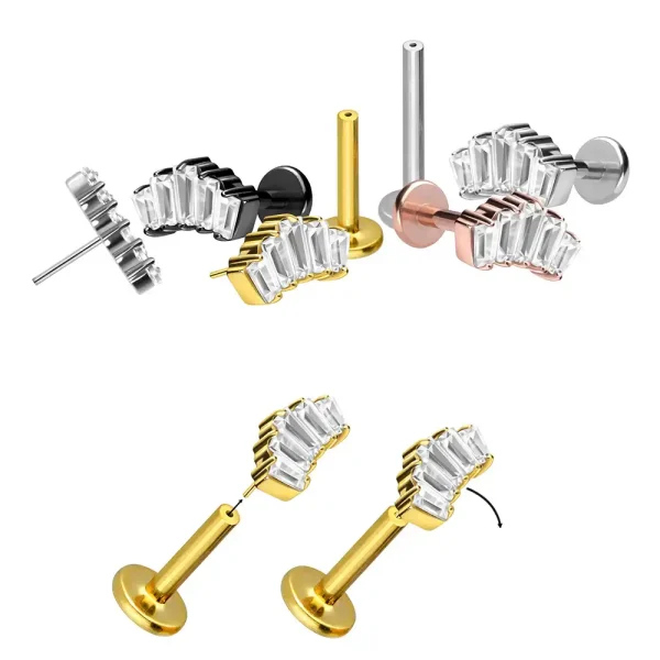 Gold PVD Semi-Bezel Quinary Curve Clear CZ Titanium Threadless Labret