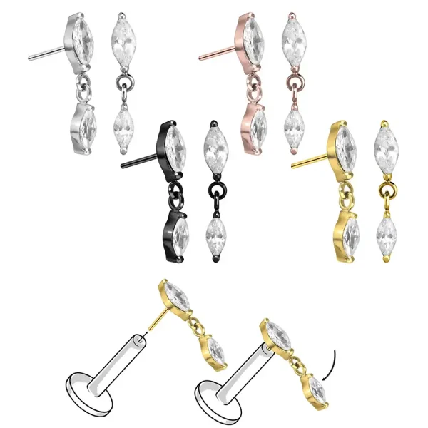 Gold Pvd Two Dangle Teardrop Clear Cz Threadless Titanium Press Fit Jewelry Top