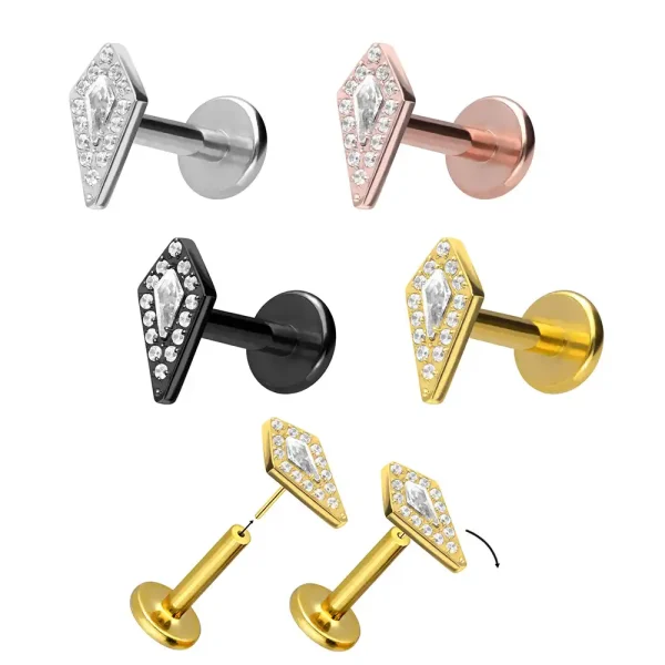 Rose gold Shield Paved CZ Gem Titanium Threadless Labret