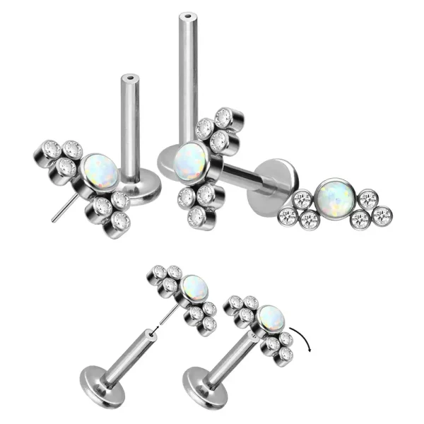 White Opalite+Clear Cz Gems Titanium Threadless Push in Labret jewelry